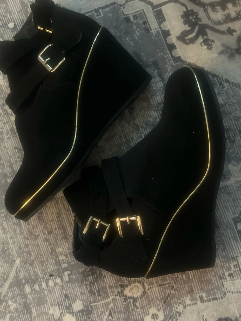Black Wedge Ankle Boots with Gold Trim